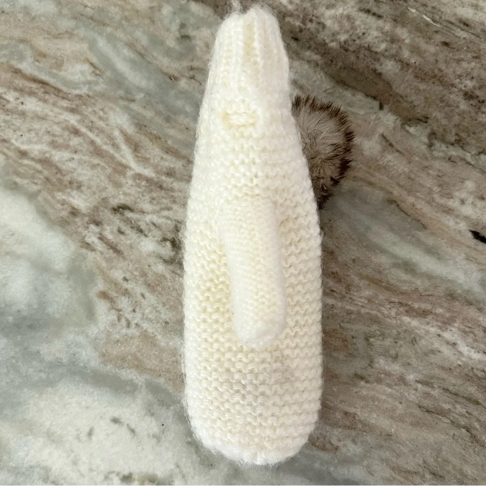 Cream Cozy Fleece Lined Knit Mittens Faux Fur Pom Poms - Winter / Cold Weather